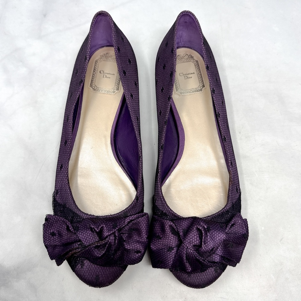 Christian Dior Vintage Y2K Fishnet Lace Satin Bow Ballerina Ballet Flats Purple